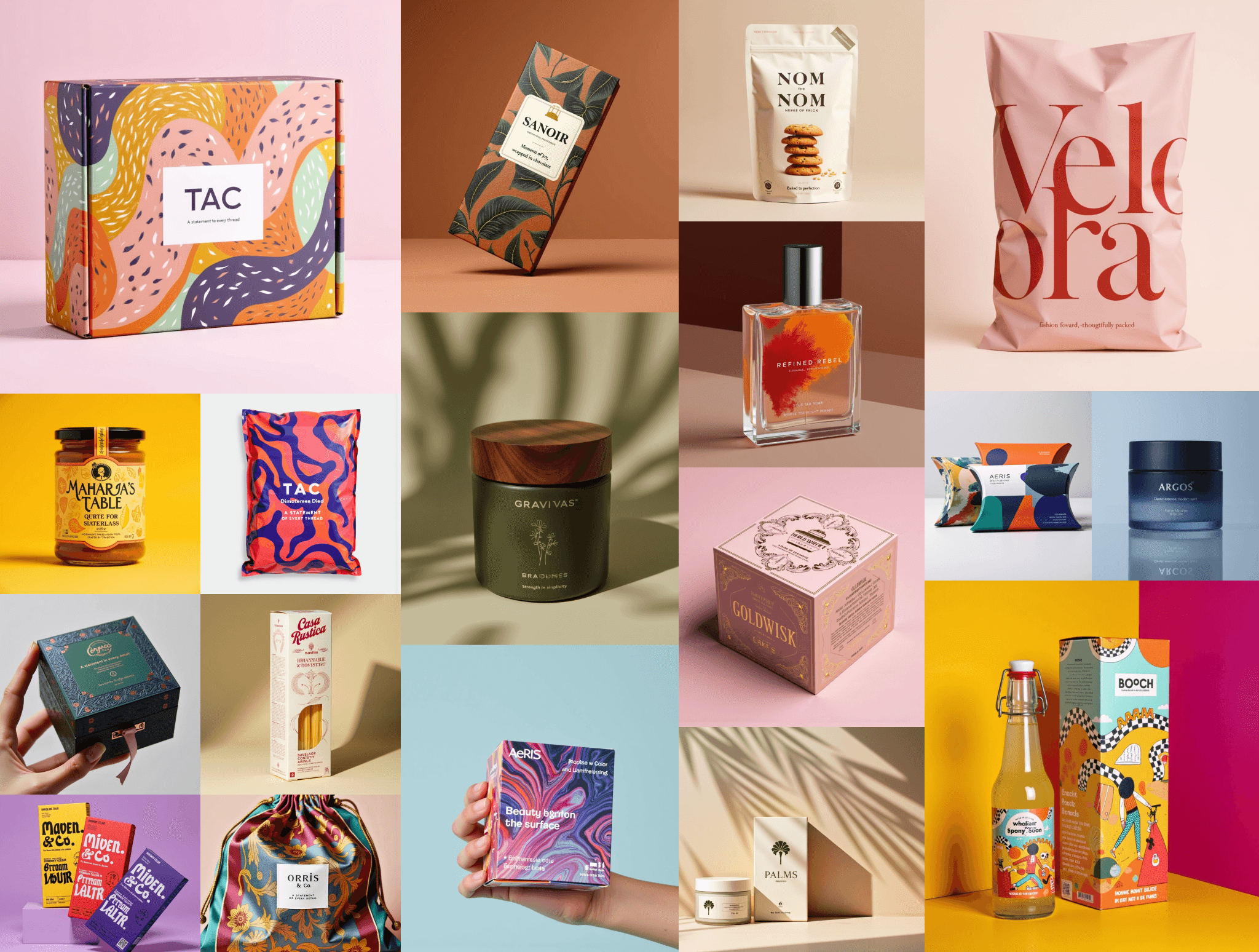A mural of packaging designs generated with the Sourceful AI toolkit
