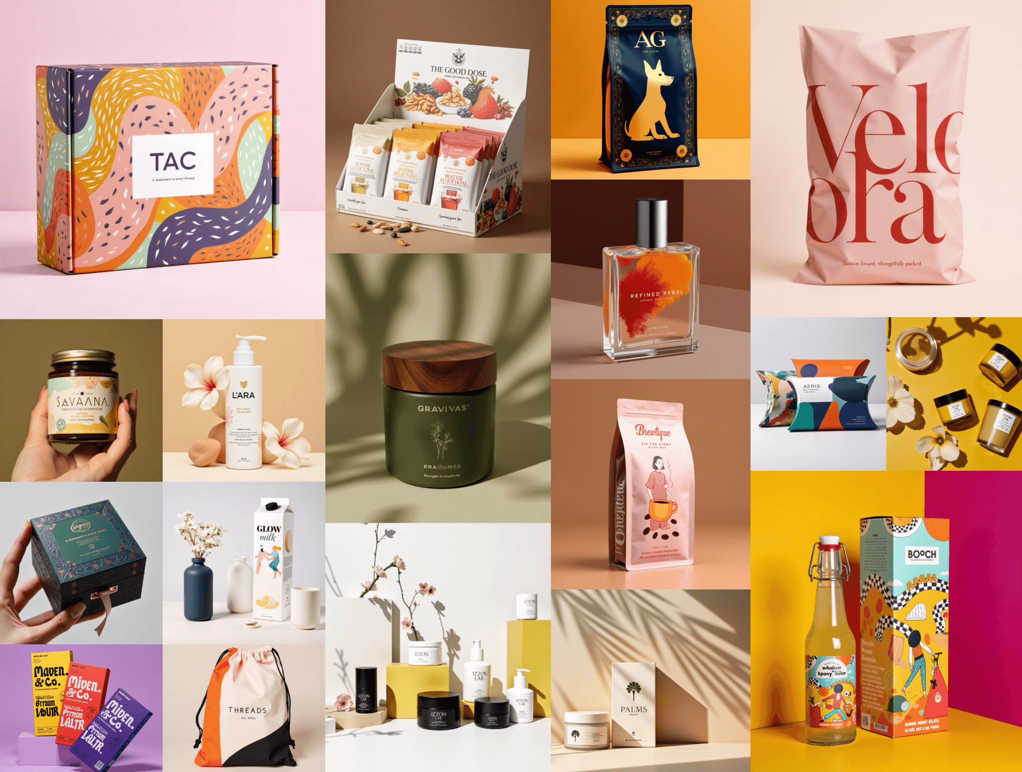 A mural of packaging designs generated with Sourceful AI Generator