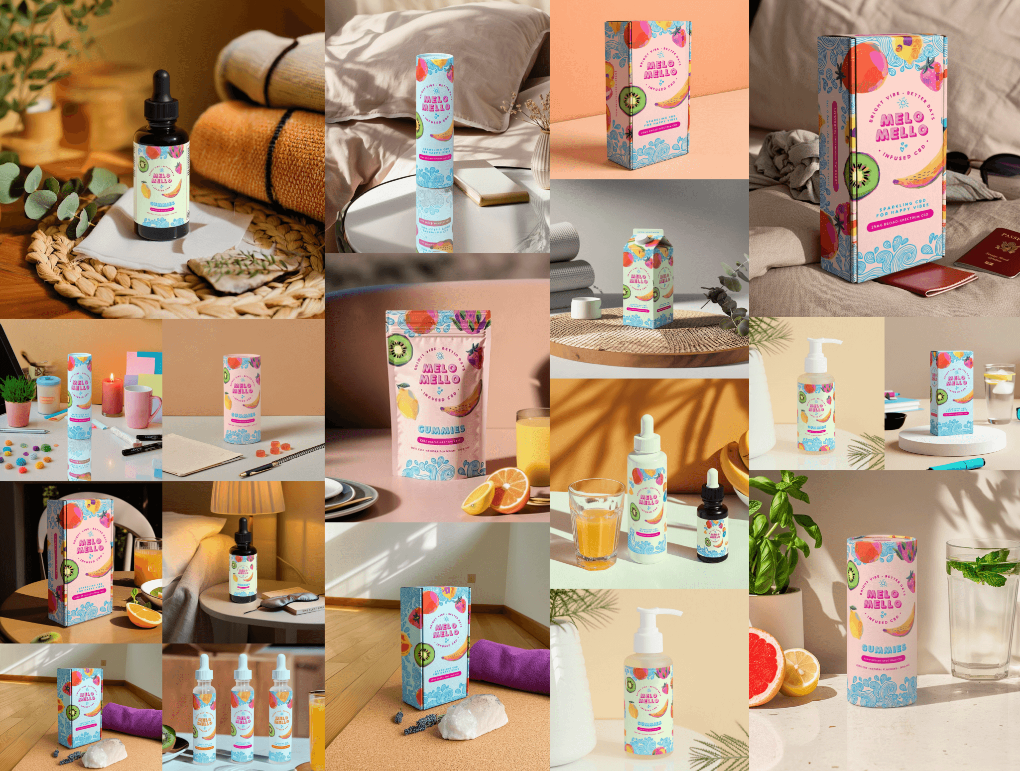 A mural of packaging designs generated with Sourceful AI Mockup