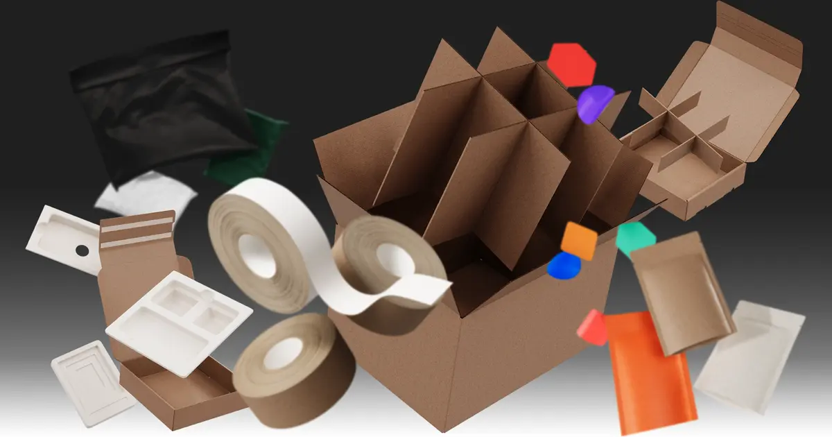 3D render of Black Friday packaging, including mailer boxes and plastic-free gummed tape.